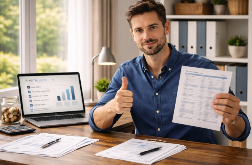 Finanzvergleich durchgeführt – Mann sitzt zufrieden am Schreibtisch mit Unterlagen und Laptop im hellen Homeoffice