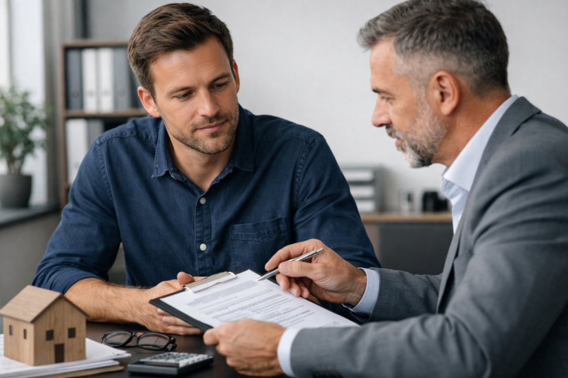 Firmenversicherung – Mann wird in einem Büro sachlich zu einer betrieblichen Absicherung beraten, beide prüfen gemeinsam Vertragsunterlagen am Schreibtisch