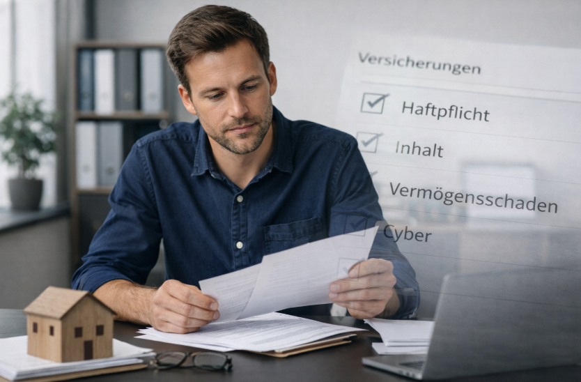 Firmenversicherung – Unternehmer prüft in ruhiger Büroumgebung sorgfältig Vertragsunterlagen zur betrieblichen Absicherung am Schreibtisch