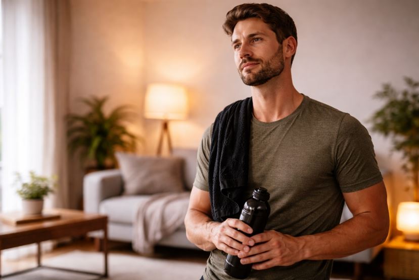 Fitness kein Extrem – Mann steht entspannt nach moderater Bewegung im Wohnzimmer und verkörpert einen ruhigen, alltagstauglichen Umgang mit Fitness
