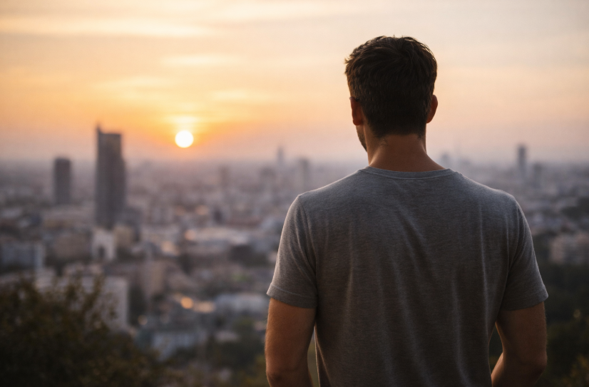 Mann blickt ruhig in die Ferne als Symbol für Fokus entwickeln, innere Klarheit und strukturierte Prioritäten im Alltag.