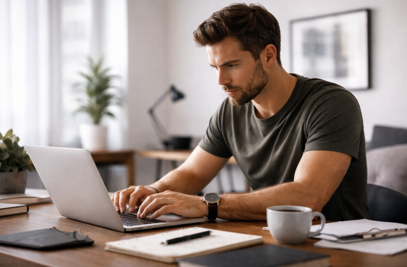 Mann arbeitet konzentriert am Laptop in ruhiger Umgebung als Sinnbild für Fokus entwickeln und bewusste Reduktion von Ablenkung.