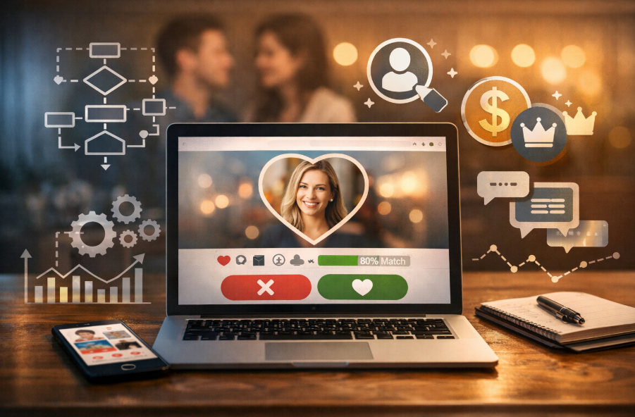 Laptop mit Dating-App und Match-Anzeige – wie Dating-Plattformen funktionieren im Überblick
