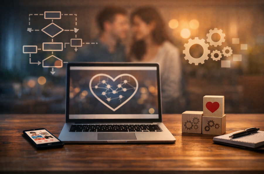 Laptop mit Dating-App und symbolischem Netzwerk im Hintergrund – Struktur, wie Dating-Plattformen funktionieren
