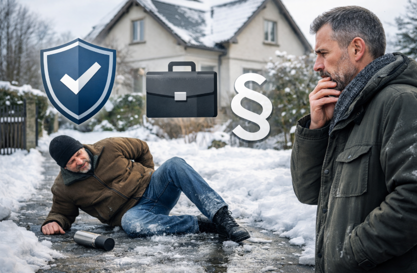 Haus- und Grundbesitzerhaftpflichtversicherung – winterliche Szene vor einem Wohnhaus, gestürzte Person auf vereistem Gehweg, Eigentümer im Hintergrund in nachdenklicher Haltung