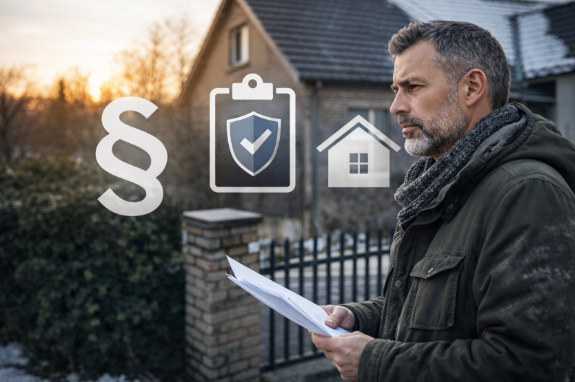 Haus- und Grundbesitzerhaftpflichtversicherung – Eigentümer mit Unterlagen vor Wohnhaus bei Abendlicht als Symbol für Haftung und Verantwortung