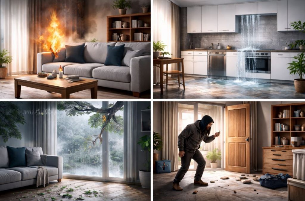 Wohnraumszenen mit Feuer-, Wasser-, Sturm- und Einbruchschäden als symbolische Darstellung der typischen Leistungen einer Hausratversicherung.