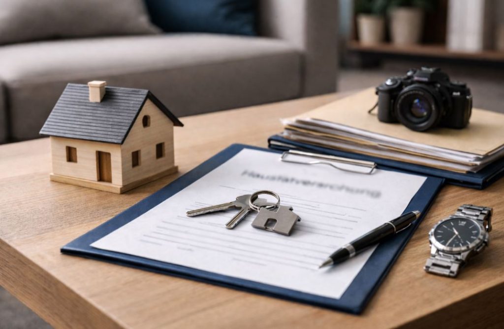 Wohnzimmertisch mit Hausmodell, Schlüsseln und Unterlagen als symbolische Darstellung der Hausratversicherung und des abgesicherten Hausrats.