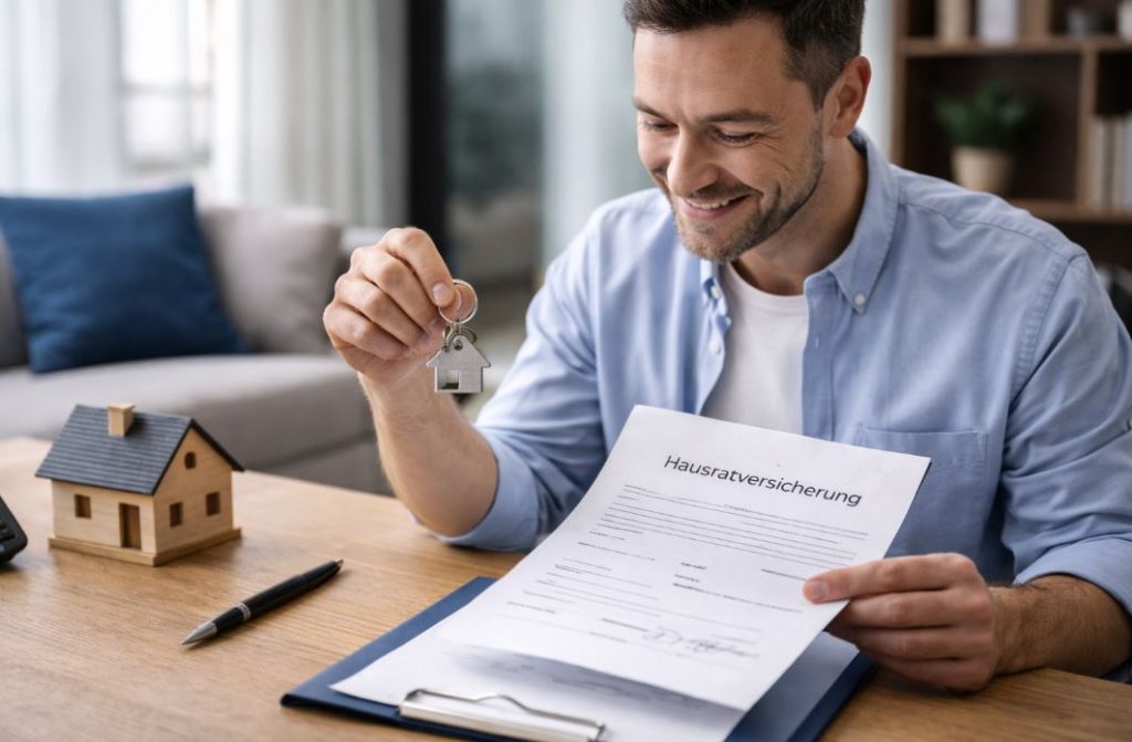 Mann prüft Unterlagen nach Abschluss einer Hausratversicherung als symbolische Darstellung finanzieller Absicherung des eigenen Hausrats.