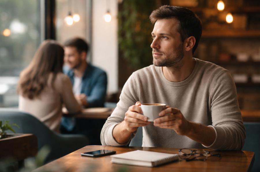 Nachdenklicher Mann im Café – Dating bewusst hintenanzustellen als reflektierte Entscheidung in einer intensiven Lebensphase