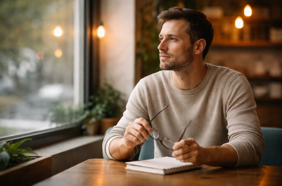 Nachdenklicher Mann blickt aus dem Fenster eines Cafés – Dating bewusst hintenanzustellen als reflektierte Entscheidung in einer stabilen Lebensphase