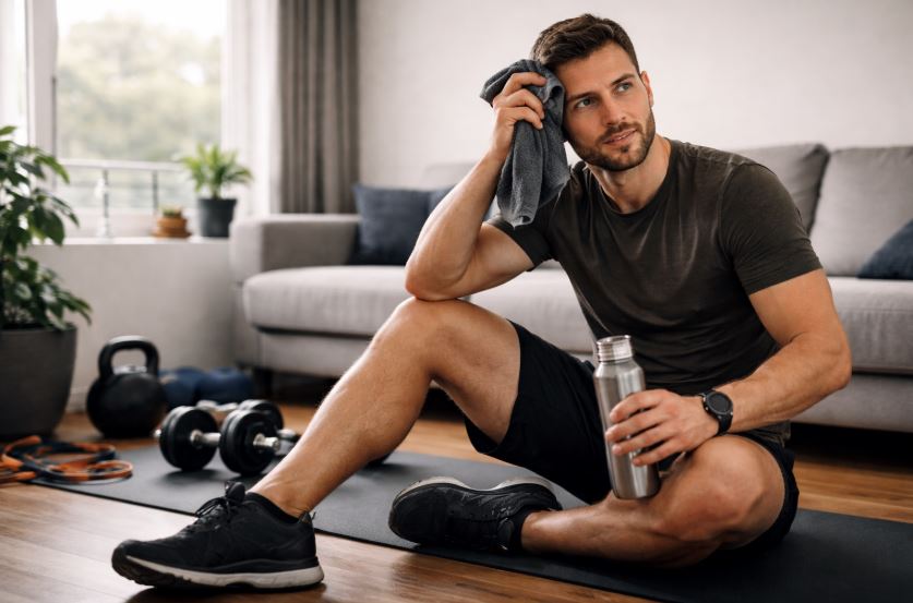 Homeworkouts für Männer: Trainingspause nach Krafttraining im eigenen Wohnzimmer