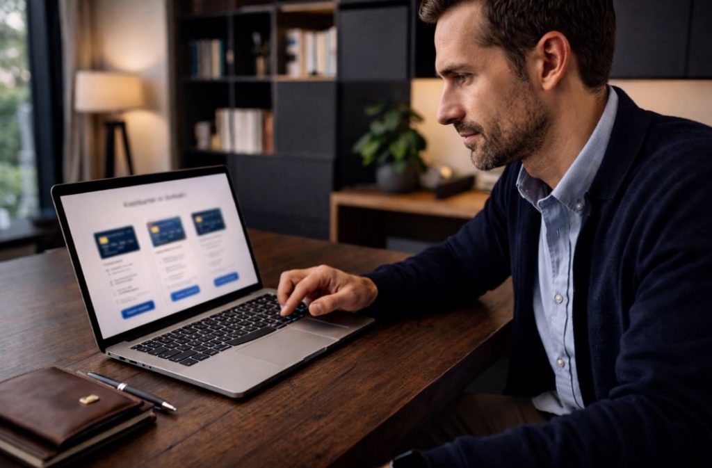 Mann im Homeoffice vergleicht am Laptop Kreditkartenangebote – ruhige Entscheidung vor der Beantragung einer Kreditkarte.
