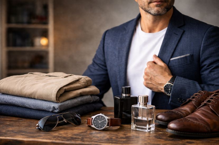 männlicher Kleidungsstil – zeitlose Herrenmode mit klarer Passform, gedeckten Farben und ausgewählten Basics auf einem Tisch arrangiert