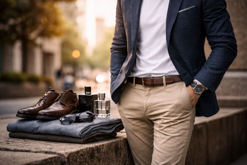 männlicher Kleidungsstil – Mann in zeitloser Alltagskleidung mit klarer Passform steht entspannt im urbanen Umfeld, ergänzt durch schlichte Schuhe, Accessoires und dezentes Parfum