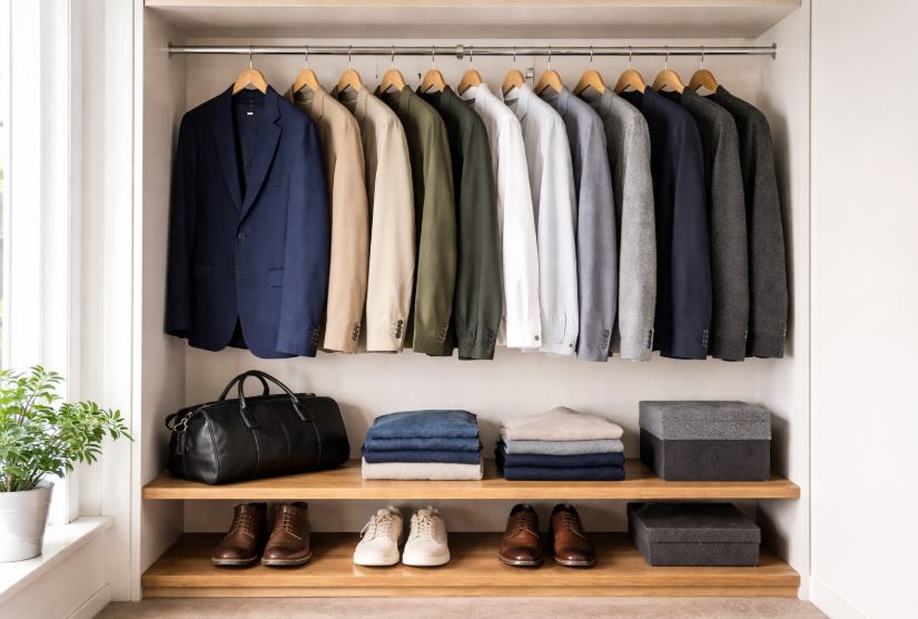 männlicher Kleidungsstil – übersichtlich organisierter Kleiderschrank mit zeitlosen Basics, ruhigen Farben und sportlich-eleganter Herrenmode in hellem Umfeld