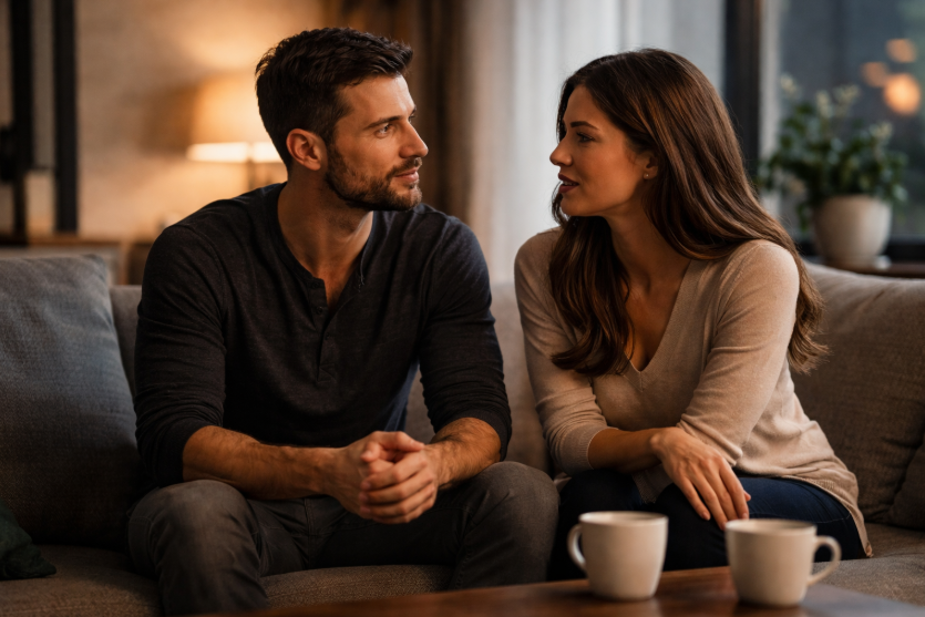 Ehrliche Kommunikation zwischen Mann und Frau im Gespräch auf dem Sofa – ruhiger Austausch in einer Partnerschaft