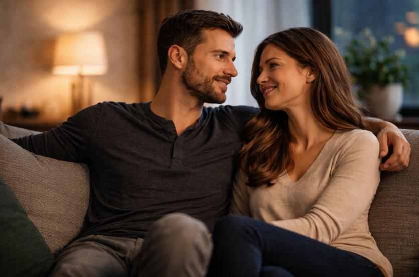Paar sitzt eng beieinander auf dem Sofa und blickt sich ruhig an – ehrliche Kommunikation stärkt Nähe und Vertrauen