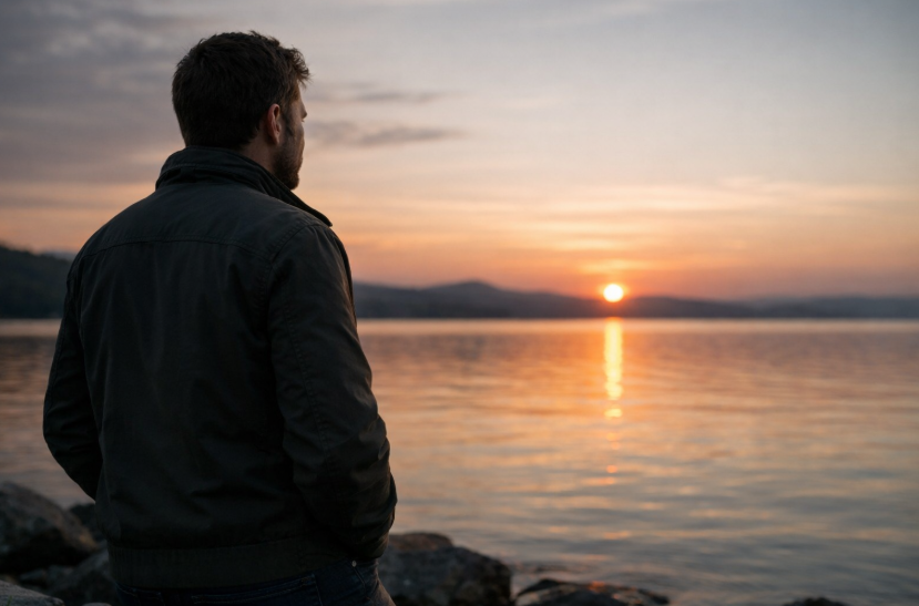 Kontaktsperre – Mann steht ruhig am Seeufer bei Sonnenuntergang und blickt nachdenklich in die Ferne als Zeichen innerer Klärung nach einer Trennung
