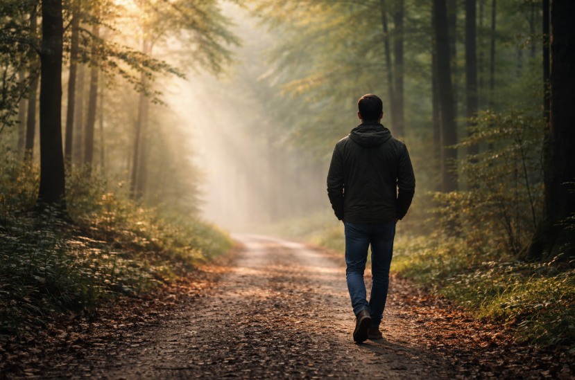 Kontaktsperre – Mann geht allein auf einem ruhigen Waldweg im weichen Morgenlicht und schafft bewusst Abstand zur emotionalen Verarbeitung nach einer Trennung