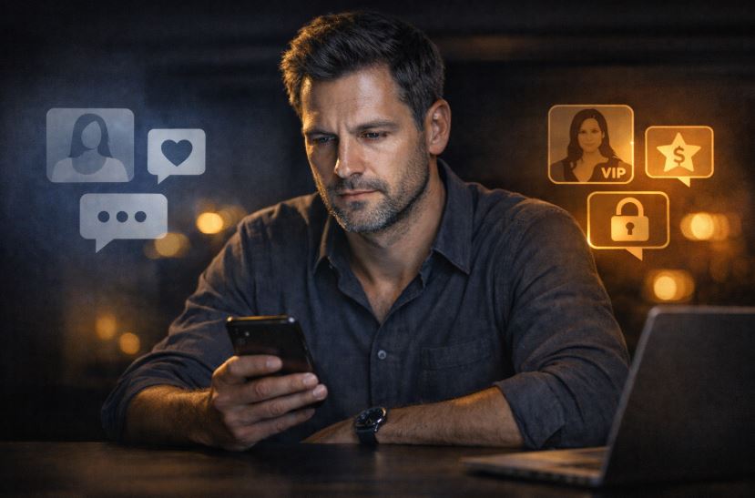 Kostenpflichtiges Online-Dating – nachdenklicher Mann betrachtet sein Smartphone und reflektiert ruhig die Unterschiede zwischen kostenlosen und kostenpflichtigen Dating-Angeboten in sportlich-eleganter, gedämpfter Atmosphäre