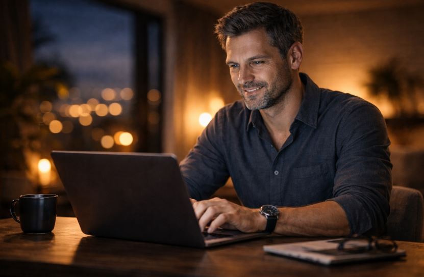 Kostenpflichtiges Online-Dating – Mann arbeitet konzentriert und gelassen am Laptop in heller, aufgeräumter Atmosphäre und reflektiert seine bewusste Nutzung von Dating-Plattformen