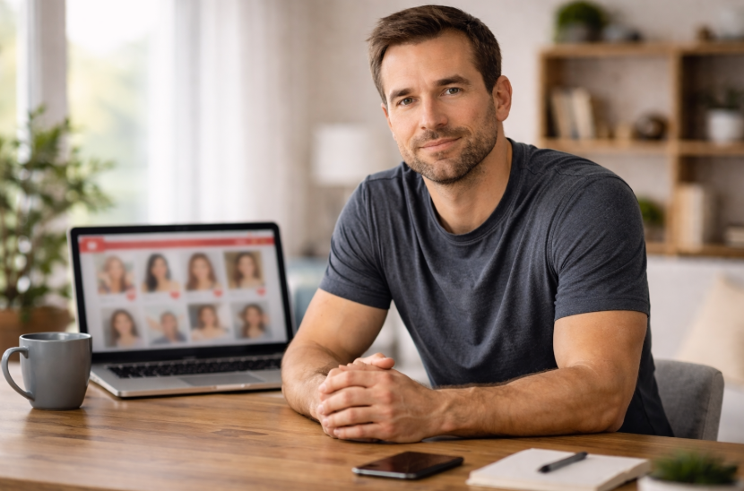 Was kostet Online-Dating wirklich – sportlich gekleideter Mann sitzt an einem hellen Schreibtisch mit Laptop, auf dem verschwommen Profile von Frauen zu sehen sind