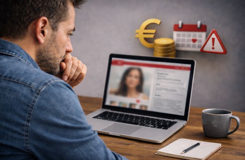 Was kostet Online-Dating wirklich – nachdenklicher Mann sitzt an einem Schreibtisch vor einem Laptop mit verschwommenem Dating-Profil in ruhiger Atmosphäre
