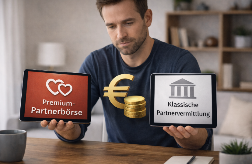 Was kostet Online-Dating wirklich – Mann vergleicht am Schreibtisch Premium-Partnerbörse und klassische Partnervermittlung in ruhiger Umgebung