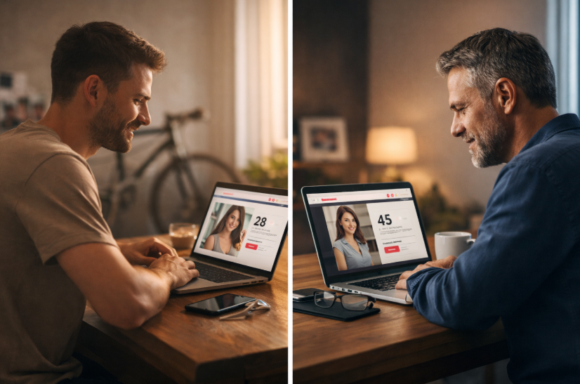 Was kostet Online-Dating wirklich – zwei Männer unterschiedlichen Alters nutzen in ruhiger Atmosphäre eine Dating-Plattform am Laptop und stehen für verschiedene Lebensphasen