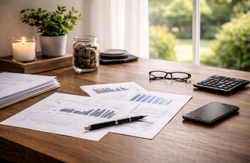 Kostenminimierung im Alltag: Aufgeräumter Schreibtisch im Homeoffice mit Unterlagen zu laufenden Kosten, Smartphone, Rechner und Blick ins Grüne