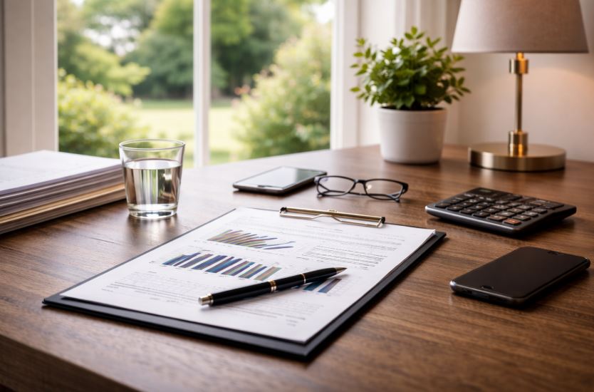 Kostenminimierung im Alltag: Helles Homeoffice mit Schreibtisch, Unterlagen zu laufenden Kosten und Blick in einen Garten