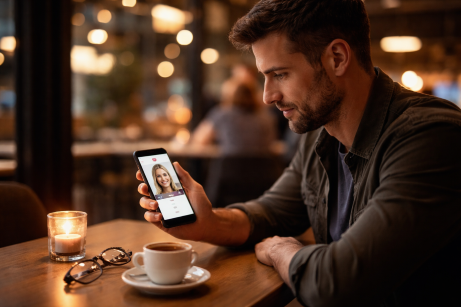 Kostenpflichtiges Dating: Mann sitzt abends im Café und betrachtet nachdenklich ein Dating-Profil auf seinem Smartphone