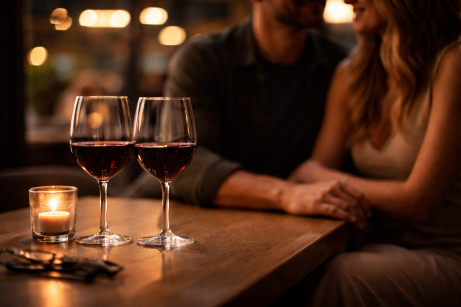 Kostenpflichtiges Dating im realen Kontext – zwei Weingläser bei einem ruhigen Treffen am Abend