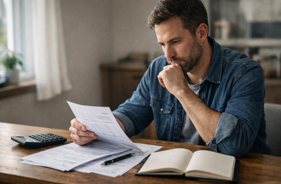 Mann prüft Kreditunterlagen am Schreibtisch – Kredit Gesamtkosten berechnen und Laufzeit verstehen