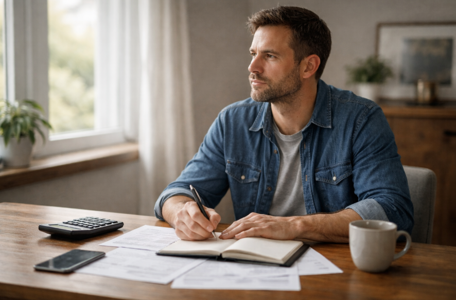 Mann sitzt entspannt am Schreibtisch und prüft Kreditunterlagen – Gesamtkosten eines Kredits über die Laufzeit verstehen
