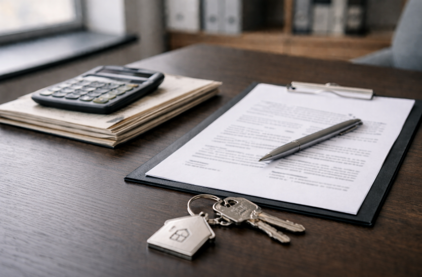 Was ein Kredit strukturell bedeutet – neutrale Vertragsunterlagen auf einem Klemmbrett mit Stift, Taschenrechner und Schlüsseln auf einem sachlich eingerichteten Schreibtisch
