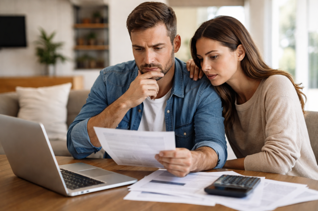 Kreditfähigkeit realistisch einschätzen – Mann prüft Kreditunterlagen mit Laptop, Taschenrechner und Dokumenten am Tisch