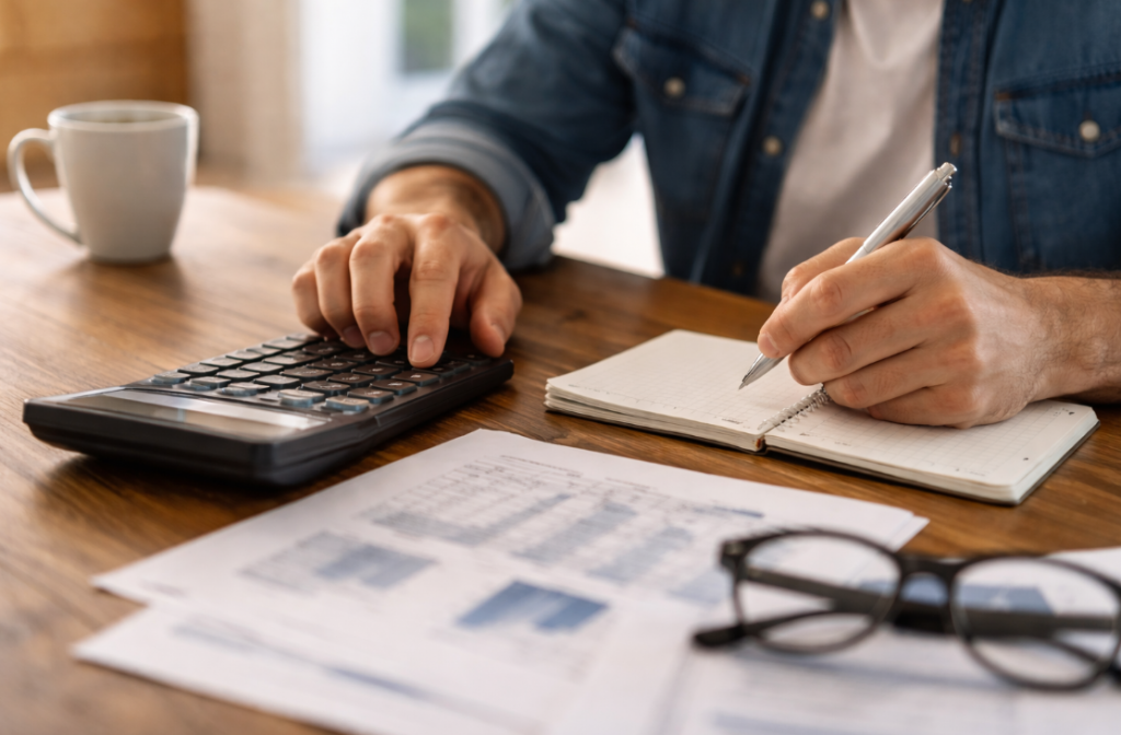 Kreditfähigkeit realistisch einschätzen – Person berechnet Kreditrate mit Taschenrechner und Notizbuch am Holztisch