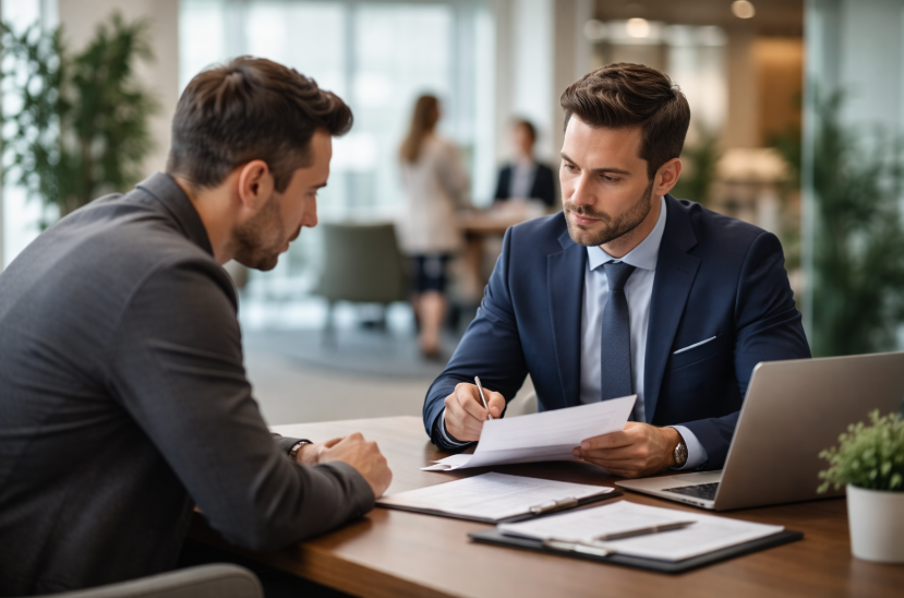 Kredite & Finanzierung – Beratungsgespräch zwischen Kunde und Bankberater in modernem Büroraum mit dezenter Business-Atmosphäre