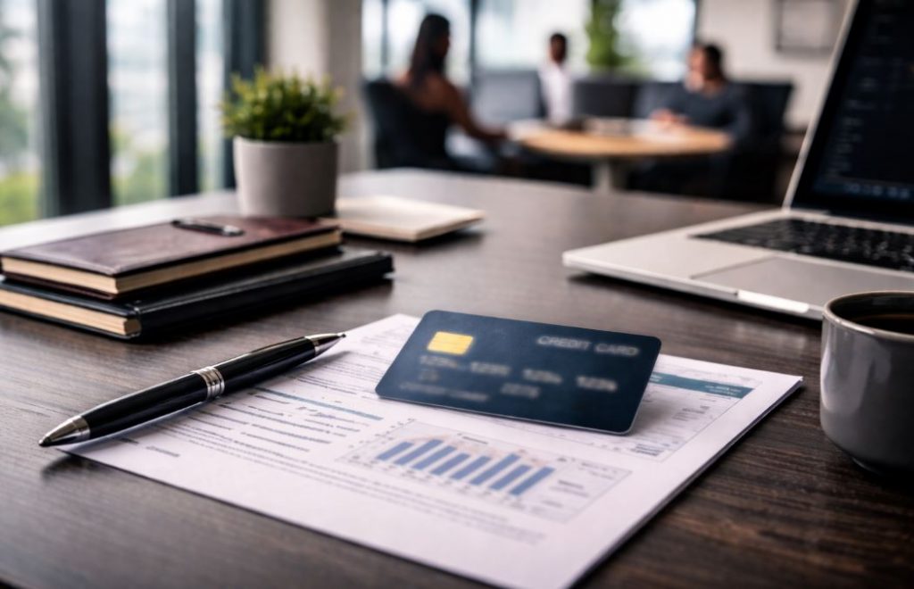 Kreditkarte auf dunklem Schreibtisch in moderner Büroumgebung – sachliche Einordnung vor der Beantragung einer Kreditkarte.