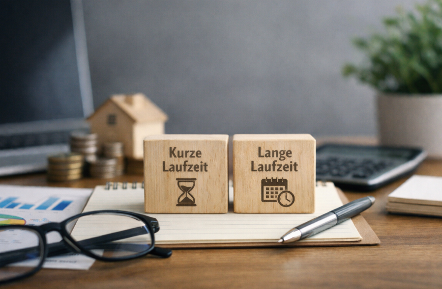 Kurz- oder Langlaufzeit beim Kredit – Vergleich von kurzer und langer Laufzeit auf einem Schreibtisch mit Finanzunterlagen
