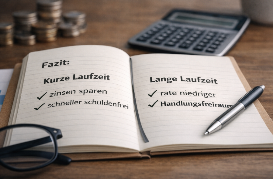 Kurz- oder Langlaufzeit beim Kredit – Gegenüberstellung von kurzer und langer Laufzeit im Fazit mit Fokus auf Zinsersparnis und Handlungsfreiraum
