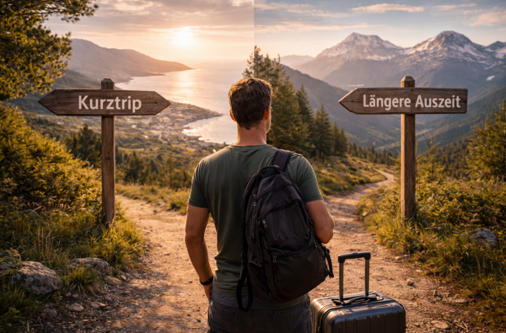 Kurzreise oder längere Auszeit – Mann mit Rucksack und Koffer steht an einer Weggabelung zwischen Küste und Bergen