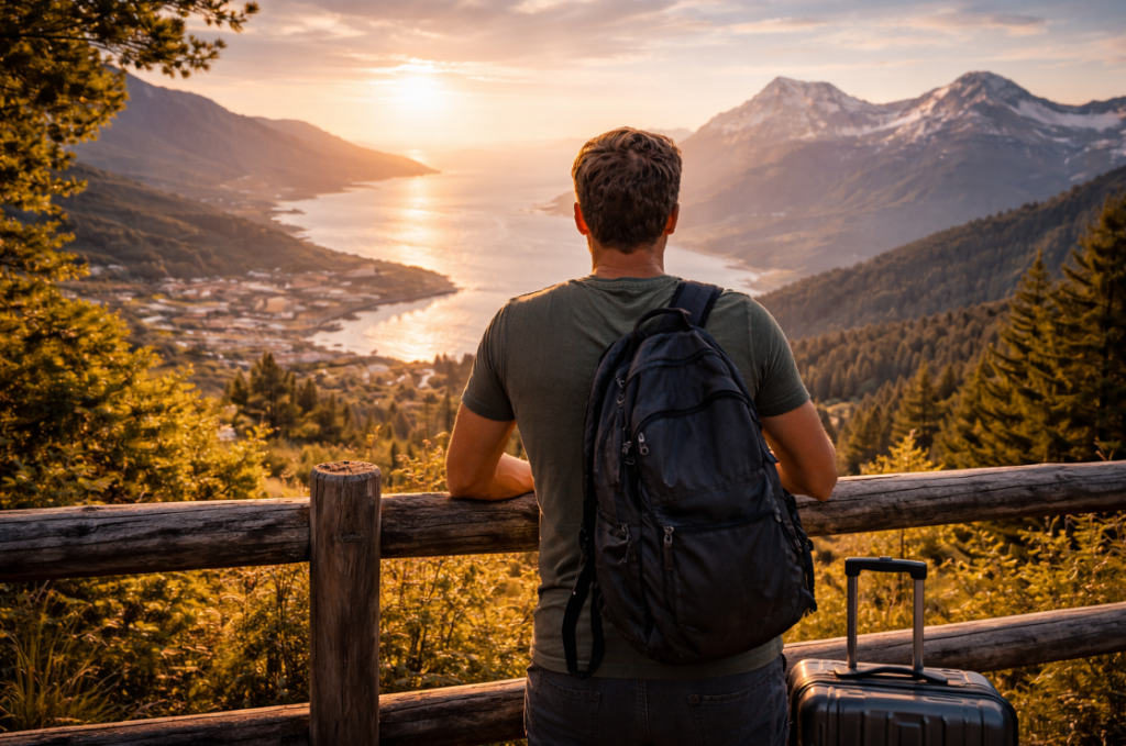 Kurzreise oder längere Auszeit – Mann lehnt sich an ein Geländer und blickt über Küste und Berge bei Abendlicht