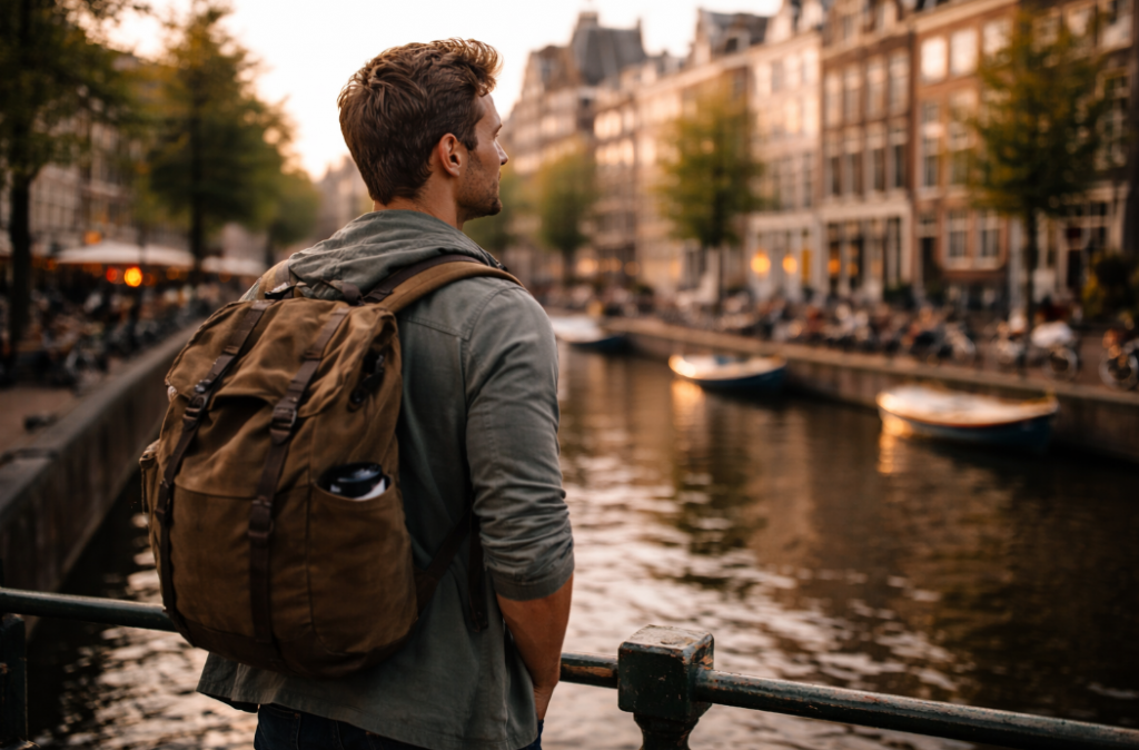 Kurztrips, die nicht erschöpfen – Mann mit Rucksack bei ruhigem Kurztrip in Amsterdam am Kanal