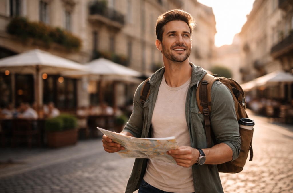 Mann auf einer Städtereise während eines Kurztrips, der nicht erschöpft, mit Rucksack und Stadtplan in europäischer Altstadt