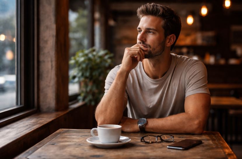 Dating kein Leistungssystem – nachdenklicher Mann sitzt ruhig in einem Café und reflektiert moderne Partnersuche ohne Selbstoptimierungsdruck