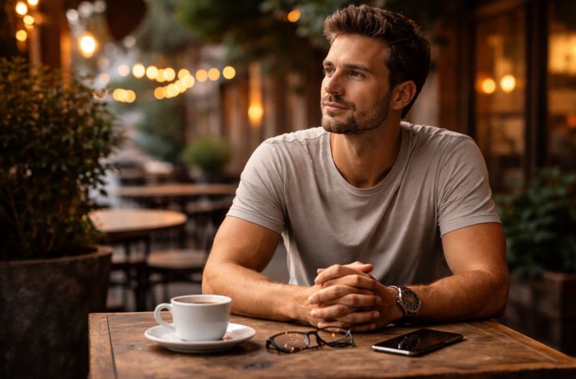 Dating kein Leistungssystem – Mann sitzt entspannt im Außenbereich eines Cafés und blickt reflektiert in die Umgebung, Sinnbild für einen gelassenen Umgang mit Dating ohne Leistungsdruck