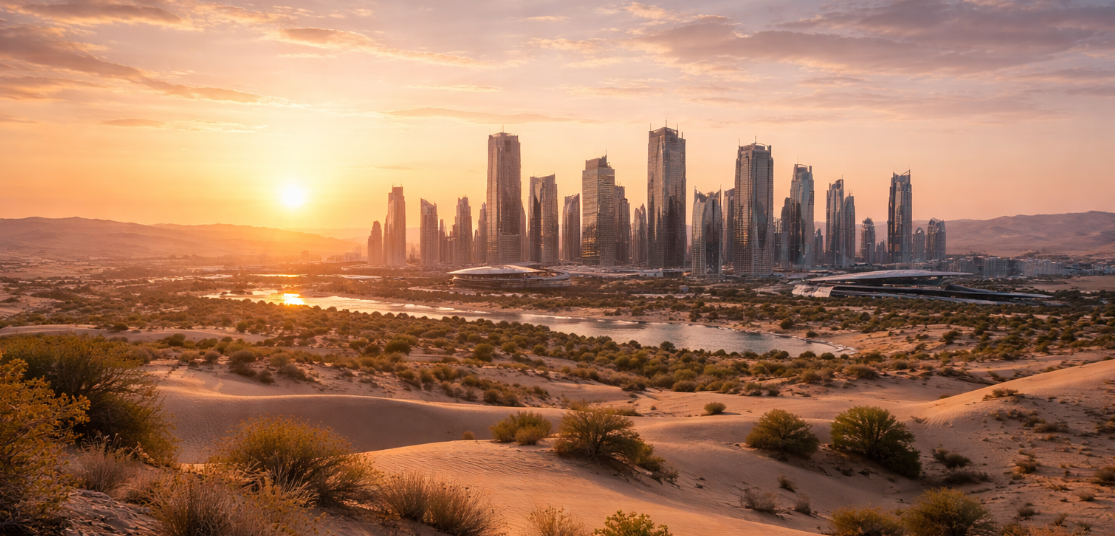 Moderne Stadt in der Wüste bei roter Abendsonne mit weitem Blick über Dünen